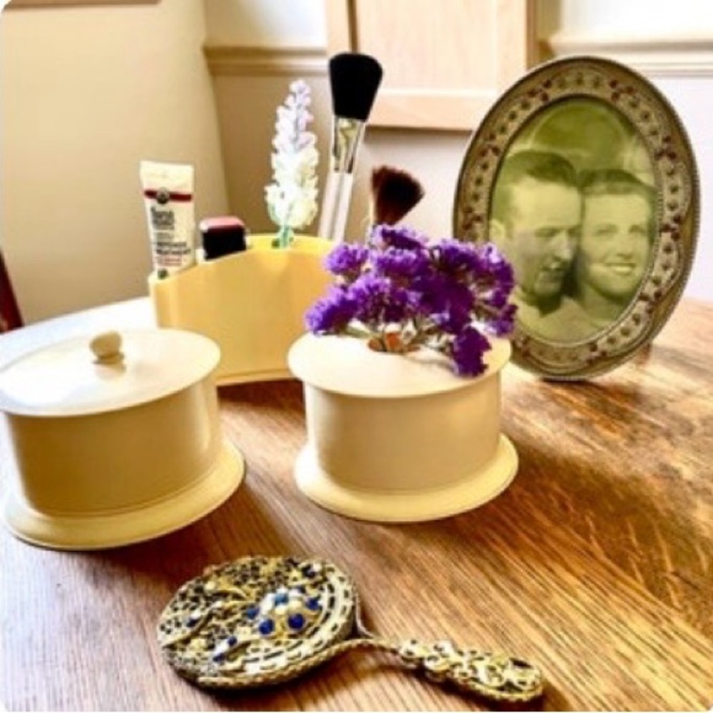 VINTAGE Deco Celluloid Dresser Set - Container, Hair Receiver and Lipstick Caddy